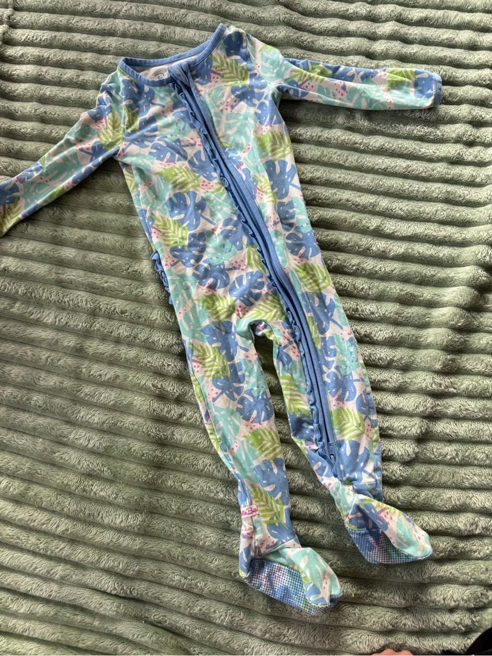 Ruffle Butts Cotton Modal Blue Tropical Leaf Zip-Up Footed One-Piece 18-24 month